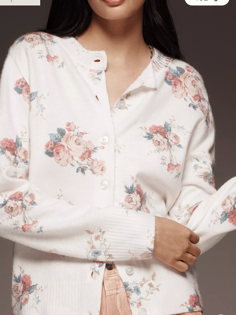 Anthropologie White Floral Cardigan with Pink Blooms